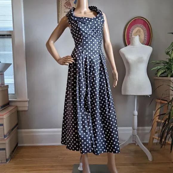 NWT Vintage 90s Laura Ashley Maxi Dress Navy Polka Dot Cottagecore Size 4 - Picture 6 of 16